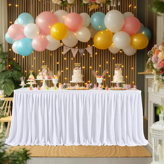 14ft White Table Skirts for Rectangle Tables Polyester Pleated Ruffle Table Skirt Tablecloth for Wedding Birthday Party Baby Bridal Shower Banquet Decoration