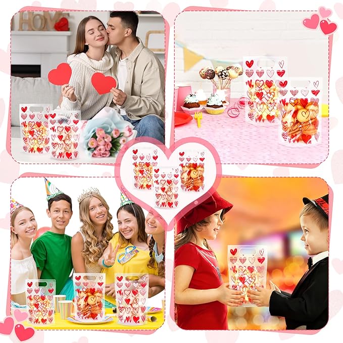 Blosssound 50 Pcs Valentine's Day Gift Bags Red Valentines Zipper Plastic Bags Reusable Red Heart Pouch with Handles Galentines Day Pouch for Classroom Wedding Birthday Party Favor