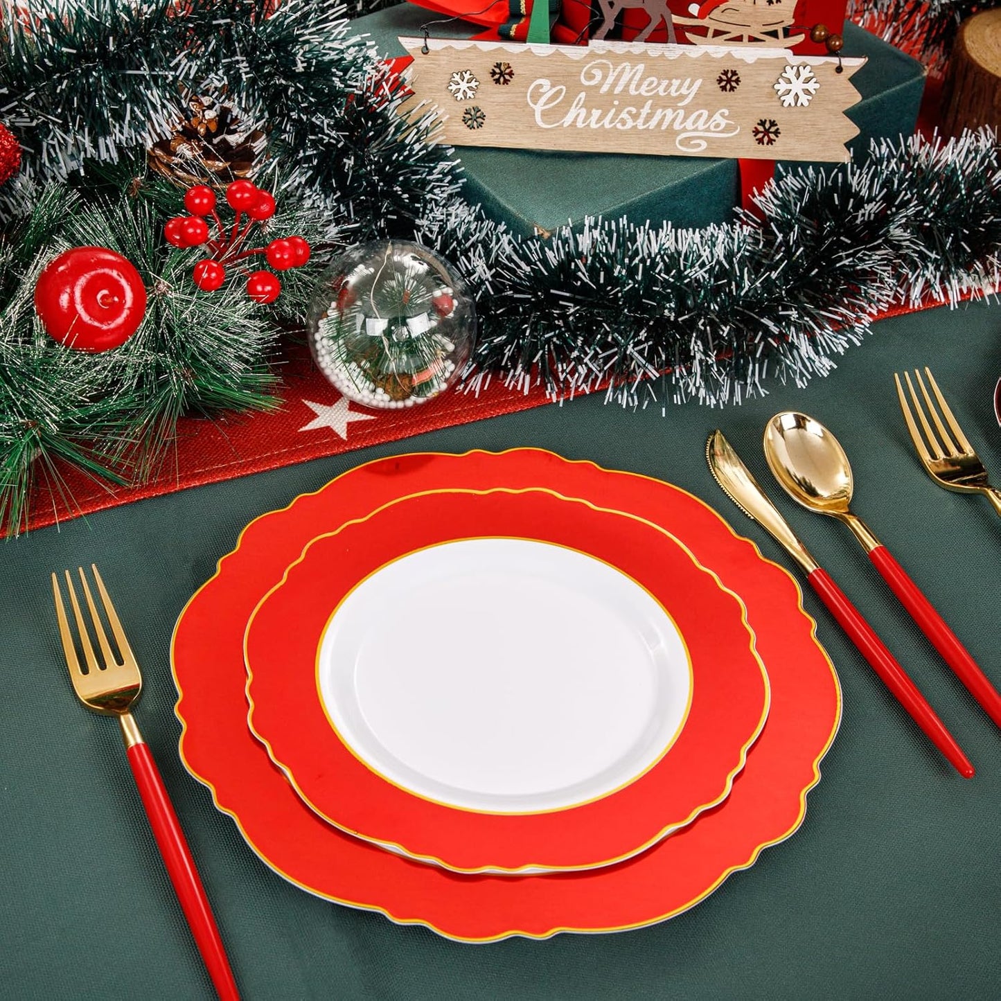WDF 60pcs Red Christmas Plastic Plates Disposable - 7.5inch Heavy Duty Red Dessert/Salad/Cake Plates for Christmas