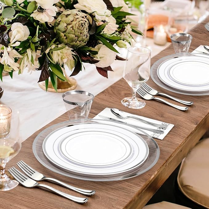 Goodluck 12 Inch Silver Charger Plates, 50 Pack Clear With Silver Trim, Disposable Plastic for Dinner, Wedding, Party
