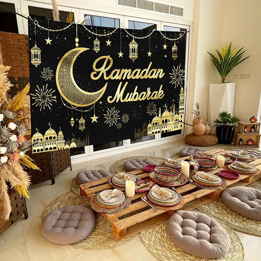 Large Ramadan Banner Decorations Outdoor 72x44 Inch,Eid Ramadan Mubarak Kareem Ramadan Photography Banner for Muslim Indoor Home House Decor Party Supplies,Yard Sign Photography Background Black Gold