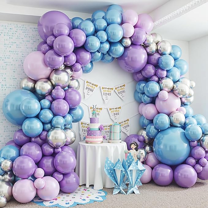412pcs Blue Purple Balloon Garland Arch Kit, 18 12 10 5 inch Different Sizes Blue Purple Pearlescent Metallic Balloons for Princess Winter Wonderland Girl Baby Party Decorations