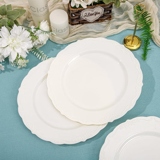 DaYammi 60PCS Ivory Plastic Plates, Thanksgiving Plates Disposable Heavy Duty Disposable Plates Premium 10inch Ivory Dinner Platos Hard Plastic Platos Disposable for Party Wedding Bridal Shower