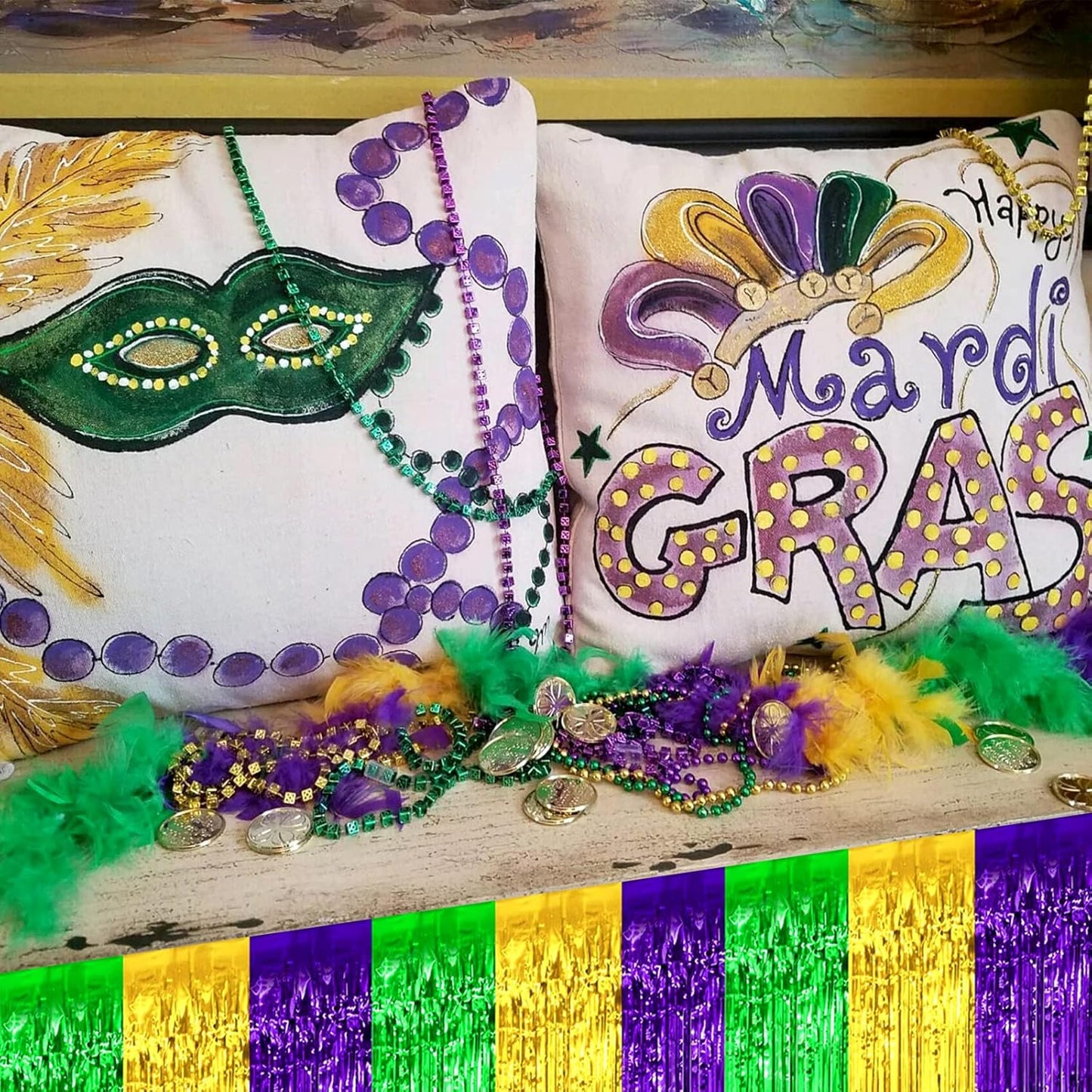 6 Pack 29x108 Inch Mardi Gras Metallic Foil Fringe Table Skirts Banner for Tinsel Streamer Garland Curtains Backdrop for Parade Floats Baby Shower Birthday Birthday Party Decoration(Gold Green Purple)