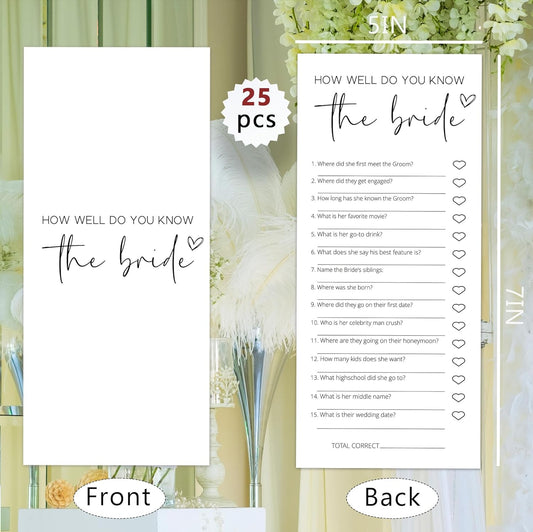 Bridal Shower Games, How Well Do You Know the Bride, 25Pcs 4x9inch Minimalist White Double-Sided Bridal Game Cards, Wedding Shower Games for Guests, Engagement Bachelorette Party Supplies - A11