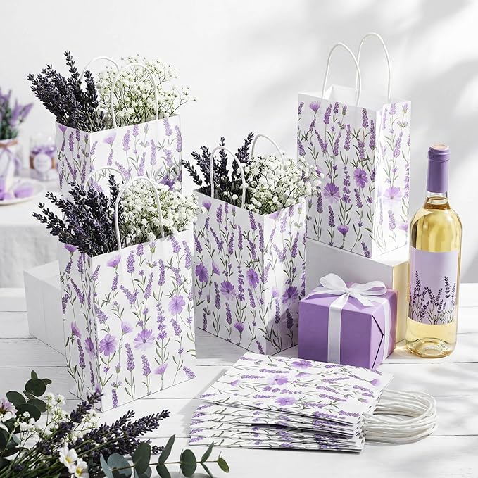 Marspark 24 Pcs Lavender Paper Gift Bags for Birthday Wedding Baby Shower Party Supplies Purple Treat Bag with Handles Candy Goodie Bags for Guests Mothers' Day, Valentine's Day, 8.3'' x 5.9'' x 3.1''