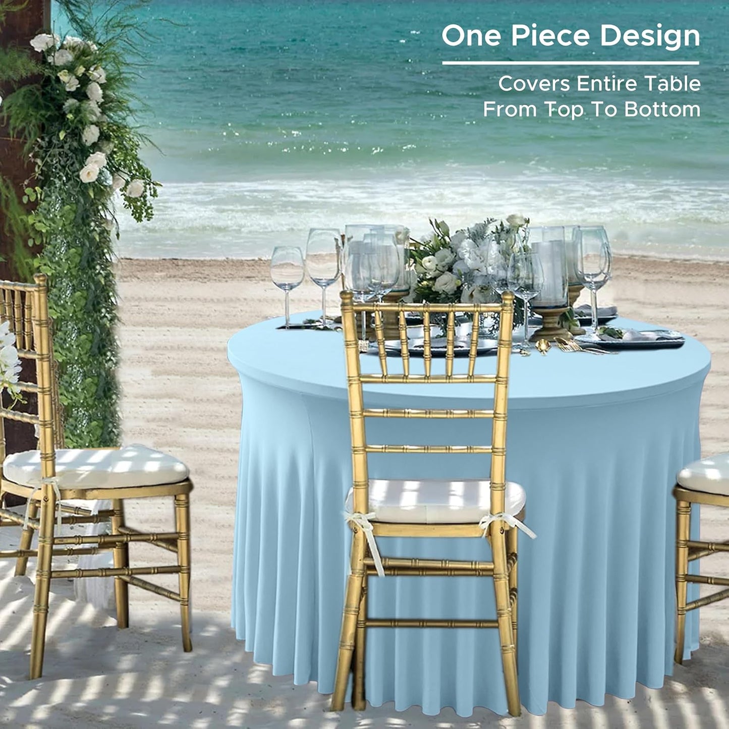 60 Inch Spandex Round Table Skirts ,Fitted Stretch Tablecloths for Round 5 ft Table, Wrinkle-Free Ruffle Design Tablecloths for Baby Shower, Banquets,Trade Shows, Parties, Events, Baby Blue,6 Pcs