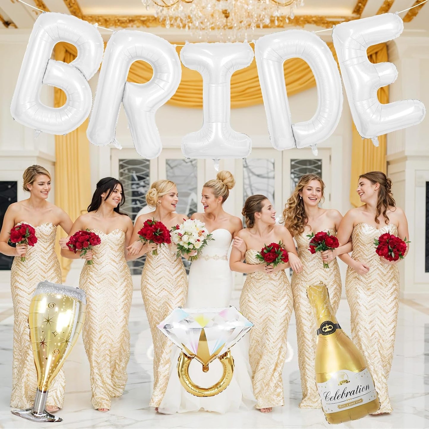 40inch Bride Balloons White Letters Banner, Bachelorette Party Decorations Set with Diamond Ring Champagne Bottle Balloon Glass Foil Balloon for Bachelorette Engagement Wedding Bridal Shower Decor