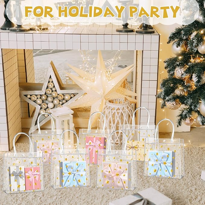 Aliceset 20 Pcs 8 x 8 x 3.15 Inch Clear PVC Gift Bags with Handles Small Gold Foil Star Transparent Star Party Favor Goodie Bags for Baby Shower Birthday Wedding Candy Snack Gift Wrapping