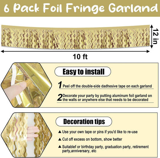 6 Pack 10 Feet Light Gold Wave Foil Fringe Garland Metallic Tinsel Streamers Banner Wall Hanging Curtain Backdrop for Parade Floats, Mother's Day, Easter, Wedding, Birthday Party Decoration
