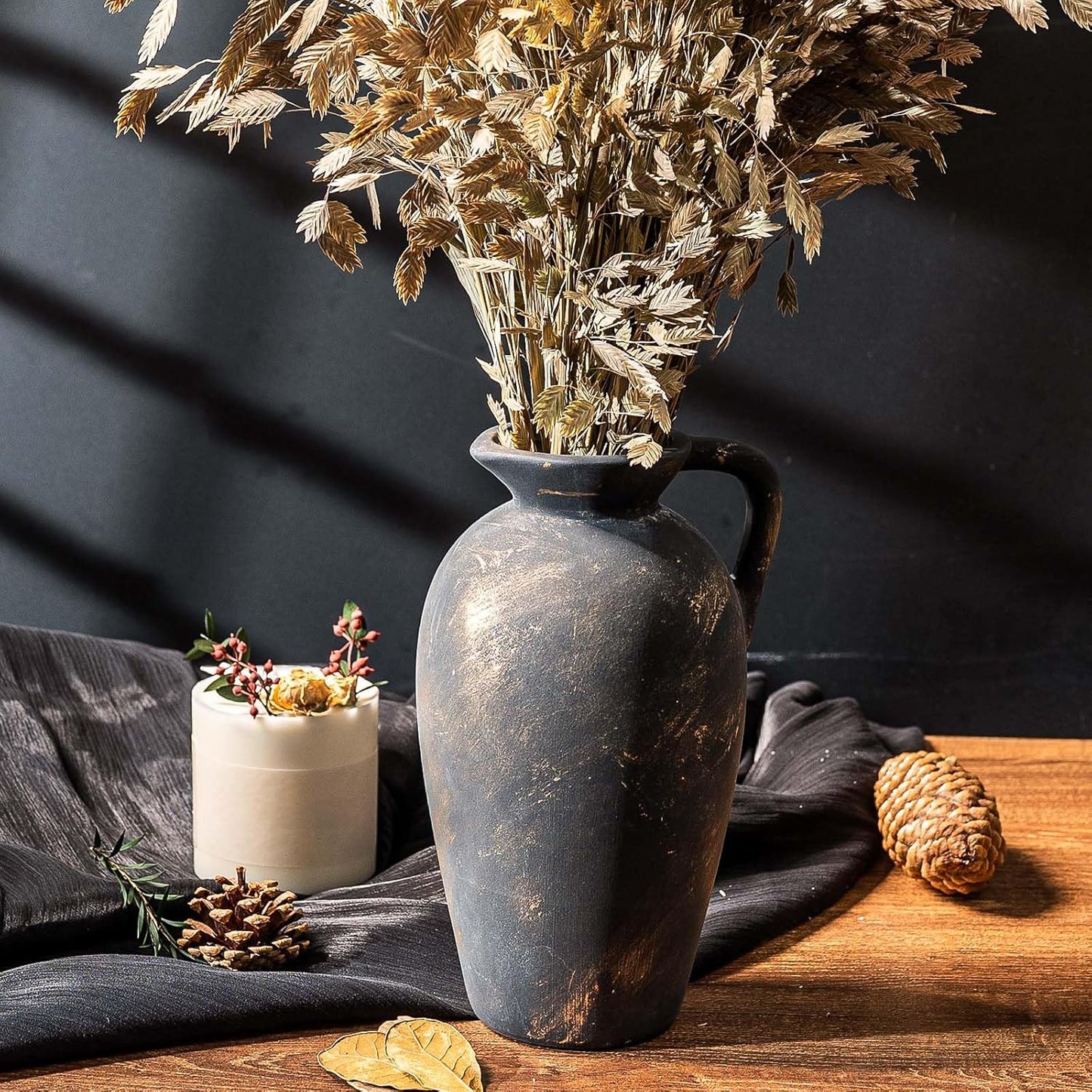 Rustic Ceramic Flower Vase with 1 Handle, Small Decorative Terracotta Boho Vase for Living Room, Table Centerpiece, Shelf Decor, Farmhouse, Entryway - 8.8 Inch Tall, Vintage Black