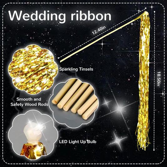 30PCS LED Tinsel Wands,Gold Lighted Wedding Wands Streamers,Light Up Sticks Sparklers for Wedding Send Off and Exits,Birthday Party Favors,Baby Shower,July 4th