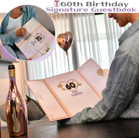 Rose Gold 60th Birthday Party Decorations for Women 12"x18" Guest Book - 60 Years Guest Book Sign in Poster Card - Sixtey Party Keepsake, Gift, Signature Board - Pen Not Included