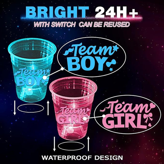 mishunyus 40-Pack Glow in the Dark Gender Reveal Cups - Team Boy & Girl Baby Shower Party Supplies (20 Blue + 20 Pink) 16 oz Plastic Cups for Gender Announcement Party Decorations