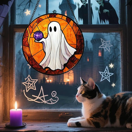 Stained Glass Window Hanging - Halloween Decorations Ghosts Vampire Suncatcher for Doors Garden Indoor Funny Spooky Sun Catchers Gothic Decor Horror Gifts for Women Men Friend 11.8 in
