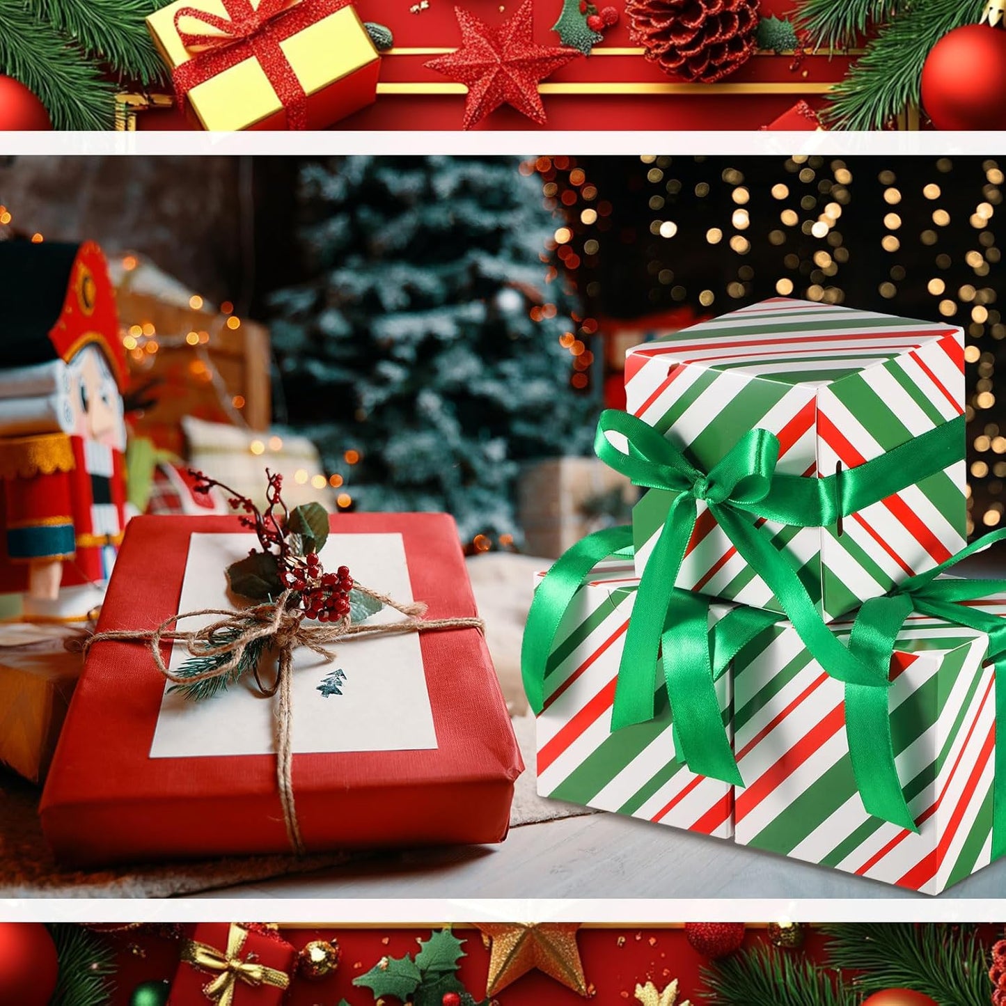 Dispowreath 48 Pcs 4x4x4 Christmas Gift Boxes with Ribbon Xmas Small Box with Lids Treat Boxes for Gift Wrapping Ornaments Wedding Holiday Birthday Party Favor(Red Green Stripe)