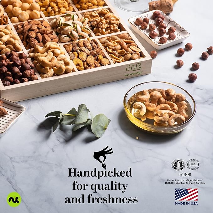 NUT CRAVINGS Gourmet Collection - Thinking of You, Nuts Gift Basket with Thinking of You Ribbon + Greeting Card in Reusable Wooden Tray (12 Assortments) Food Arrangement Healthy Snack Food Assortments