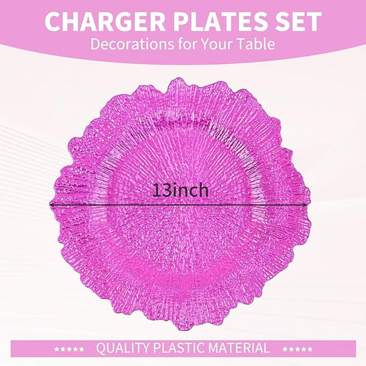 24 Pcs Hot Pink Charger Plates Bulk 13 Inch Plastic Charger Plates for Dinner Plate, Hot Pink Chargers for Table Setting, Reef Design Plate Floral Decorative Round Chargers for Wedding Party Event