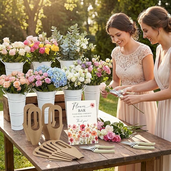 LEIFIDE 39 Pcs Flower Bar Buckets Set Kit Bloom Bar Supplies Include Wood Sign Gift Bags Iron Bucket Garden Flower Shears for Valentine Days Wedding Bridal Shower Table Centerpieces (White)