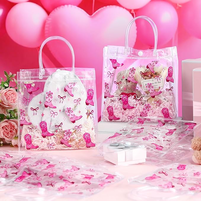 Kacctyen 24 Pcs Cowgirl Gift Bags for Party Favor Clear Cowgirl Goodie Bags with Handle 7.87 x 7.87 x 3.15 Return Gift Wrap Totes for Guests Treat Candy Wrapping
