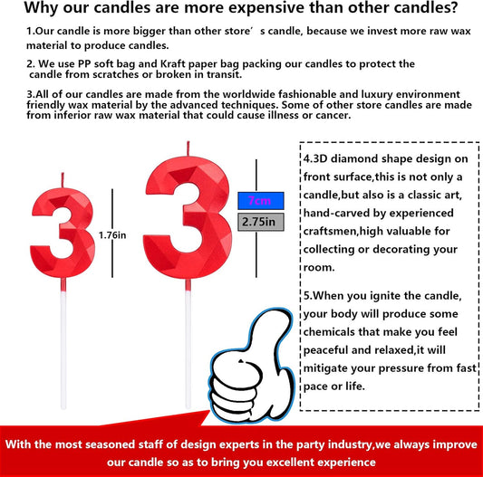 2.75in Tall 3D Diamond Shape Bright Red 3 Candles, Red Color Happy Birthday Cake Toppers Decorating and Celebrating for Adults/Kids Party/Family Baking (Bright Red Diamond Shaped 2.75in Number 3)