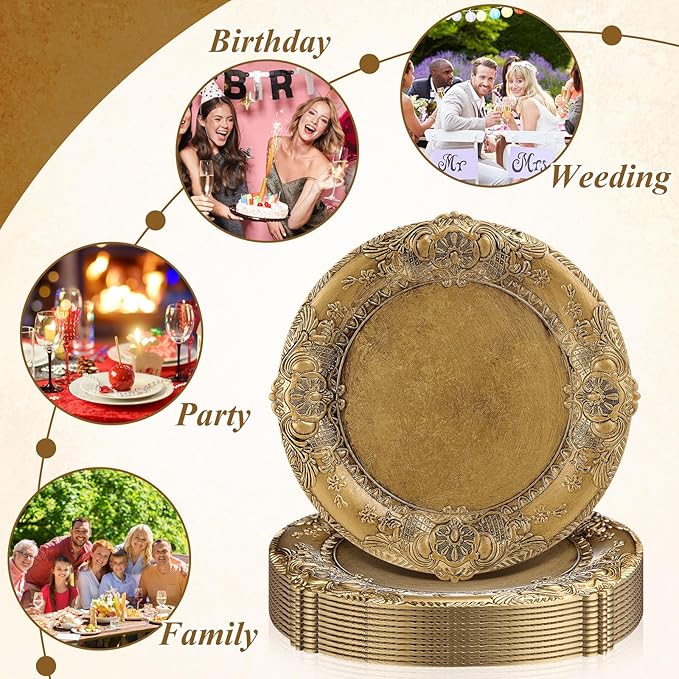 Mifoci Antique Gold Charger Plates Set of 24 Plastic Gold Chargers for Dinner Plates Decorative 13" Round Plate Bulk with Embossed Rim for Dinner, Party, Wedding