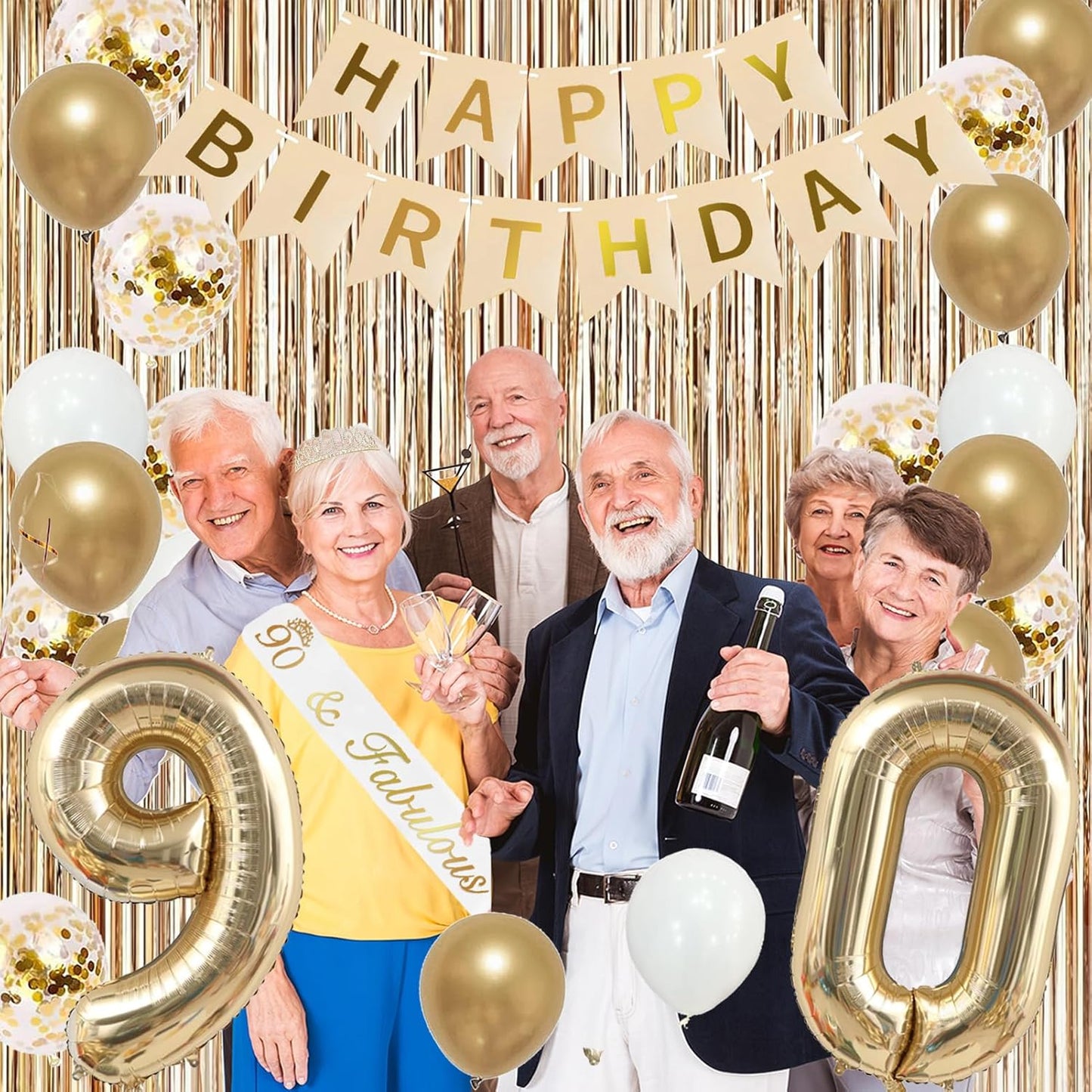 Trgowaul 90th Birthday Decorations for Women, Banner, Sash and Crown, Cake Topper, 90 Number Balloon, Fringe Curtains, Champagne Gold 90th Birthday Party Supplies