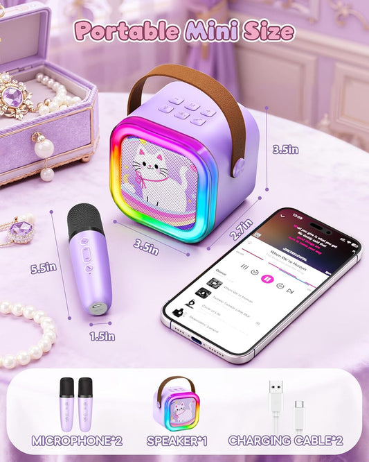 Mini Karaoke Machine for Kids, 2025 TOP Toys Birthday Gifts Ideas for Girls Ages 4, 5, 6, 7, 8, 9, 10, 12+ Years Old, Portable MP3 Player with 2 Wireless Mics for Party
