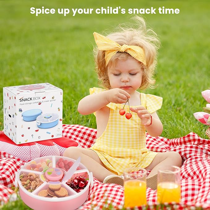 Snack Rotator Container Reusable Snack Box with 5 Compartment Dispenser and Lid, Color Matching Opening Lid, BPA and PVC Free, for Home, School, Travel (2 Pack- Pink)