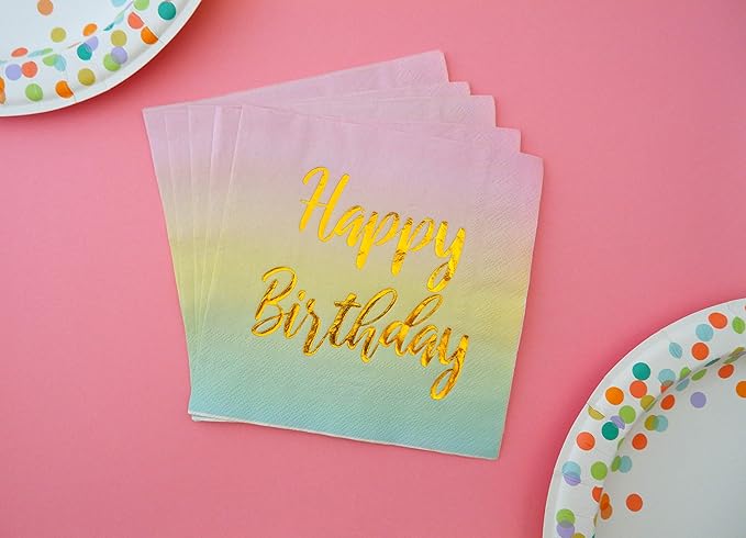 Happy Birthday Napkins - 50 Pack Pastel Metallic Birthday Disposable Paper Napkins with Gold Foil Printing on Pink Yellow Blue Ombre Gradient for Cocktail Party Supplies - 6.5" x 6.5" inches
