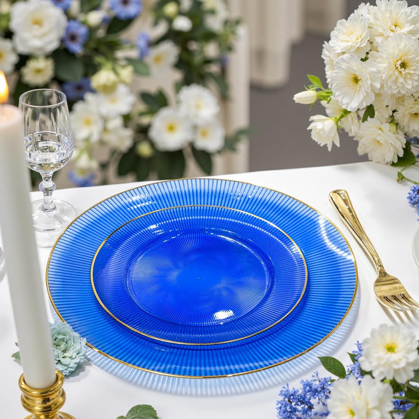 Hioasis 60pcs Blue Plastic Plates - Blue Gold Disposable Dinnerware Set, 30pcs Dinner 10.25in & 30pcs Dessert 7.5in Plates with Striped Designs for Party & Wedding