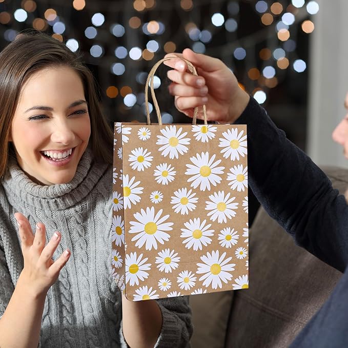 Whaline 12 Pack Daisy Flower Goodie Bags Hippie Daisy Flower Gift Kraft Paper Bags with Handles Floral Gift Bags for Spring Party Favor Wedding Birthday Shopping Baby Shower, 5.9 x 8.3 x 3.1 Inch