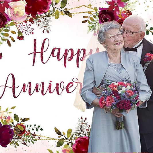 Homewelle Happy Anniversary Backdrop 8Wx6H Feet Polyester Fabric Elegant Burgundy Floral Watercolor Rose Plant Green Leaves Gold Glitter Decoration Romantic Photography Background Photo Shoot Props