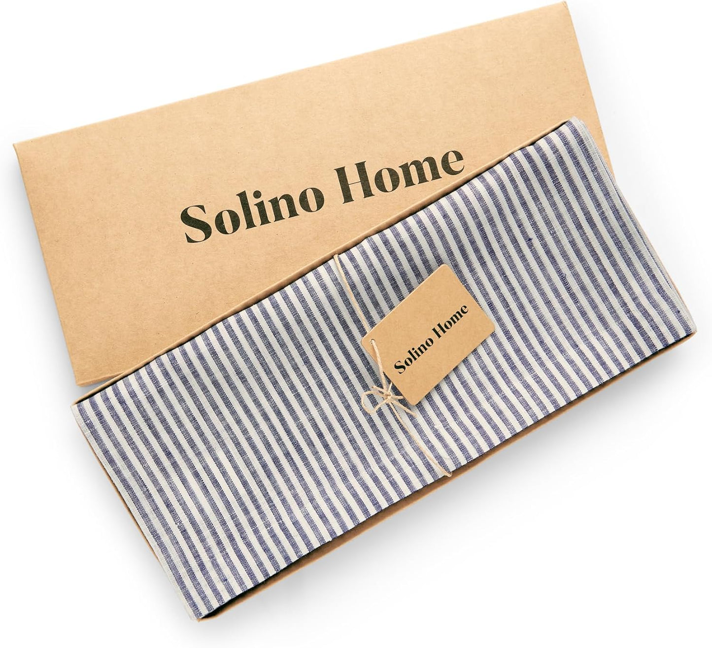 Solino Home Linen Table Runner 120 Inches Long - Narrow Stripe, 100% Pure Linen Navy and White Farmhouse Table Runner 14 x 120 Inch for Dining, Fall, Autumn, Thanksgiving, Christmas