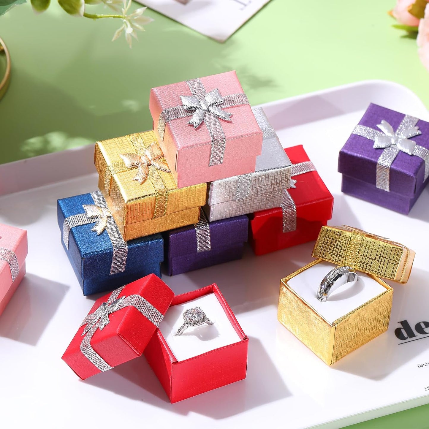 Bucherry 72 Pcs Ring Boxes 1.6 x 1.6 In Hard Cardboard Jewelry Box with Ribbon Bow Small Jewelry Gift Cases for Small Business(Modern Color)