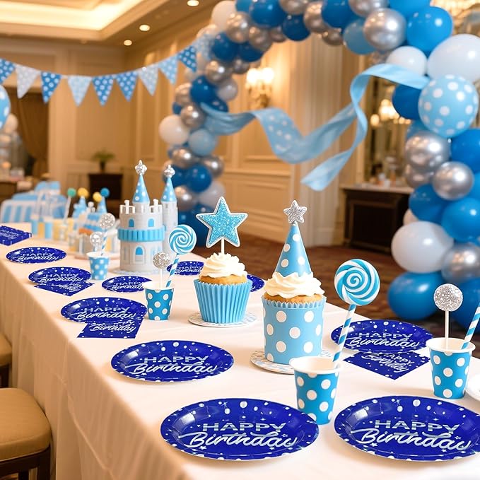 Grencian 96Pcs Blue and Silver Birthday Party Decorations Supplies Silver Polka Dots on Happy Birthday Blue Paper Plates and Napkins Disposable Tableware for Women Men Party Decorations Serves 24