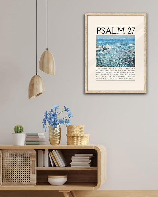 EcoHest Psalm 27 Oak Wood Framed Canvas Wall Art | 16x20" Christian Scripture Print for Bedroom & Living Room