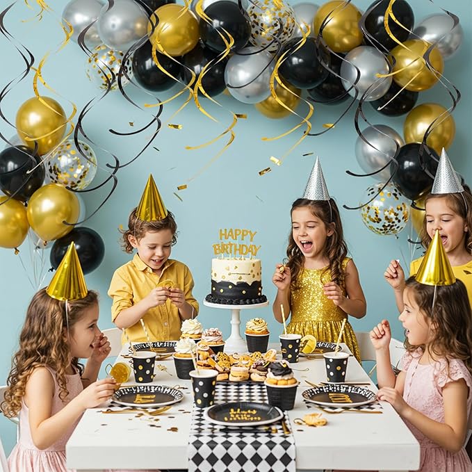 BEISHIDA Black Gold Hanging Swirls Party Decorations Plastic Streamer for Hanging Ornament Decorations, Wedding Birthday Bachelorette Graduation Party Supplies, Pack of 20