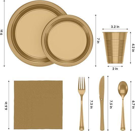 350 Pcs Gold Plastic Plates For Party, Gold Disposable Plates Set, 50 Of Each 9" Dinner Plate Set, 7" Dessert Plate, Cups, Napkins & Cutlery Plastic Dinnerware Exquisite