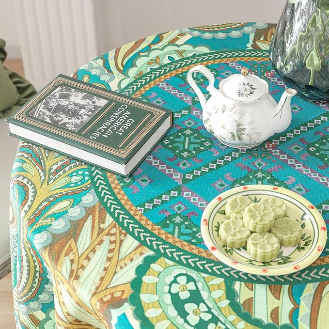 Linen 67 Inch Round Tablecloth,Wrinkle Resistant French Green Tablecloth Print with Froal,Decor Stitch Table Cloth for Thanksgiving,Dining Room,Home,Kitchen Diameter 67"-Milen