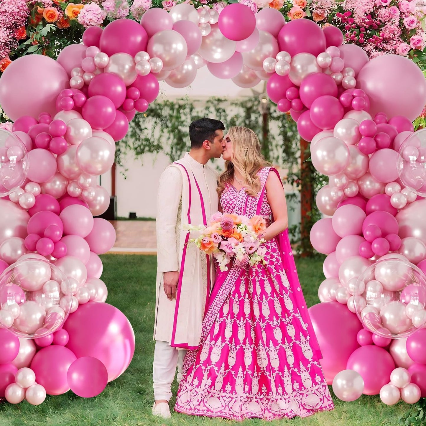 Hot Pink Balloon Arch Kit 101Pcs Double Stuffed Pearl Pink Light Pink Clear Balloon Different Size for Princess Wedding Birthday Baby Shower Bachelorette Party Decorations