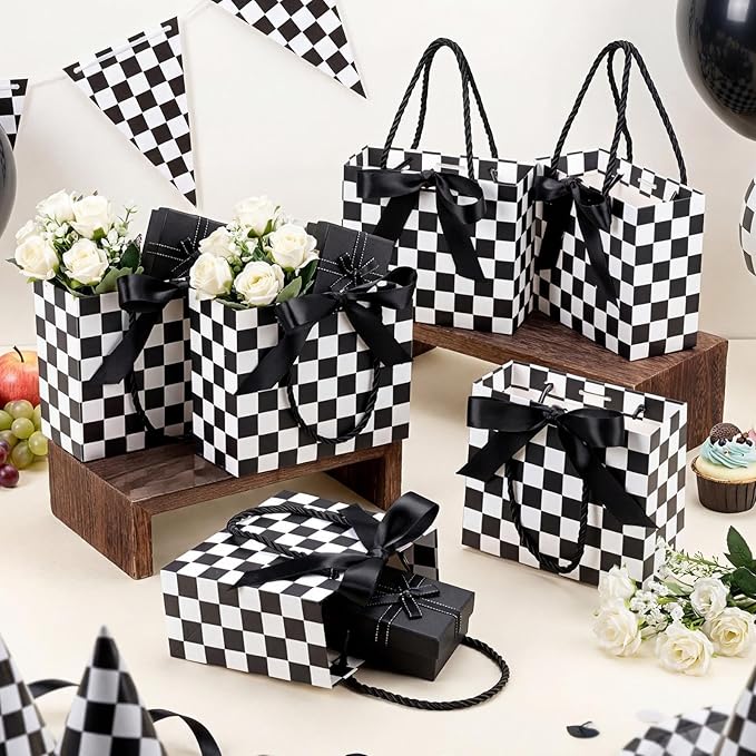 Moinchore 30 Pcs Checkered Racing Treat Bags with Handles 5.5 x 4.7 x 2.5 in Black and White Race Car Party Favor Checkered Goodie Gift Bags Bulk for Candy Cookies Snacks, Speedway Birthday Decoration