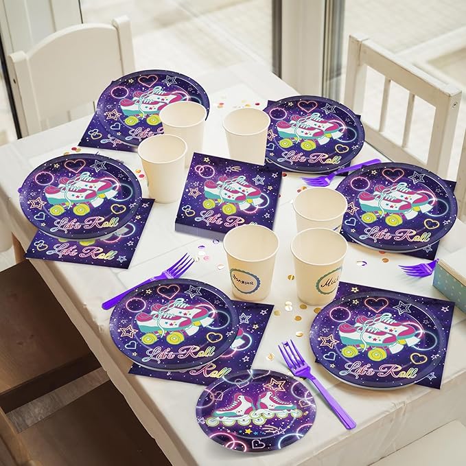 96 Pcs Roller Skating Party Supplies Let's Roll Paper Plates Napkins Roll Theme Party Decorations Roller Skate Dinnerware Roller Skating Birthday Party Favor Kids Baby Shower Party Tableware Serves 24