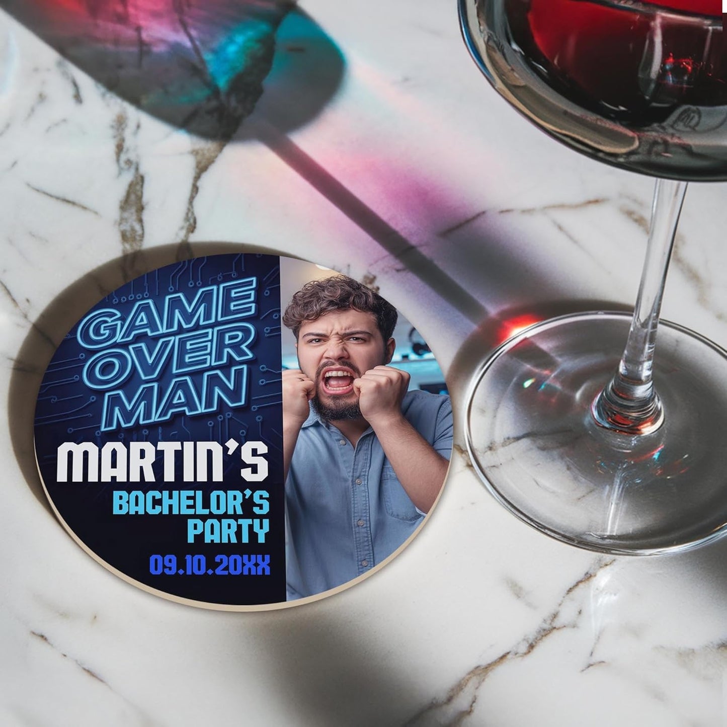 60 Pack Personalized Bachelor Party Coasters, Custom Cardboard Drink Coasters with Photo Print and Text, Fun Bachelor Party Favors and Gifts, 3.95" Round, Design 6