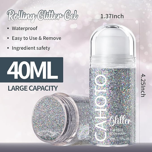 CAHOTO Silver Rolling Glitter for Face Body & Hair, Sparkling Holographic Chunky Shimmer, Roll-on Sequins for Singer Concert Rave Festival Halloween Party Carnival, 1.35fl.oz