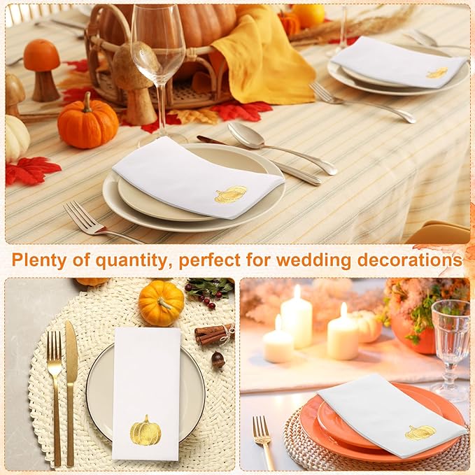Janlaugh 100 Pcs Gold Thanksgiving Linen Disposable Bathroom Hand Towels Pumpkin Maple Leaves Foil Stamped Guest Napkins 12"x17" Paper Towels for Bathroom Home Lunch Dinner Kitchen(Pumpkin)