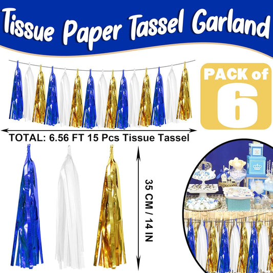 6P Navy-Blue White-Gold Foil Fringe Metallic Tassel-Garland, Tassels Banner Streamers for Parade Floats, Bachelorette, Wedding, Birthday, Graduation, Christmas, Bridal/Baby Shower Party Decorations