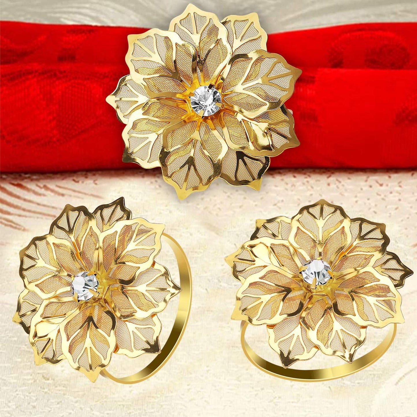KPOSIYA Flower Napkin Rings Holder Metal Gold Napkin Rings Set of 12 for Wedding Party Holiday Banquet Christmas Dinner Delicate Serviette Buckles Decor Favor (12, Flower-Gold)