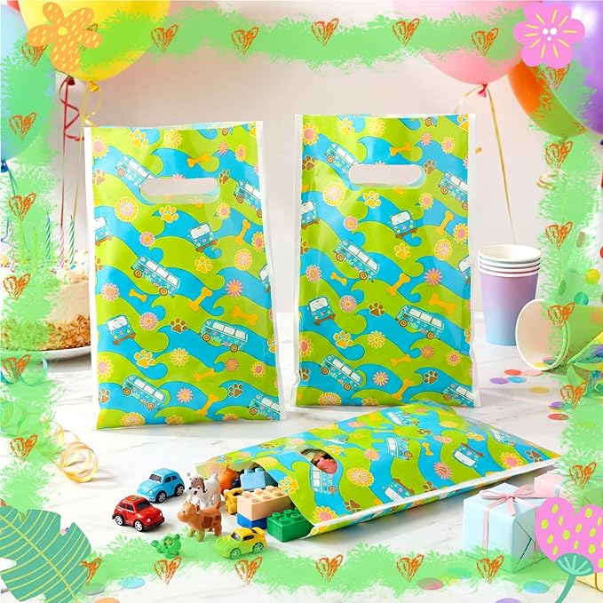 Frienda 100 Pcs Mysterious Dog Party Plastic Gift Bags with Handles 9.84''x6.5'' Cartoon Car Dog Goodie Bags Groovy Retro Daisy Flower Gift Candy Treat Favors for Picnic Summer Birthday Party Supplies