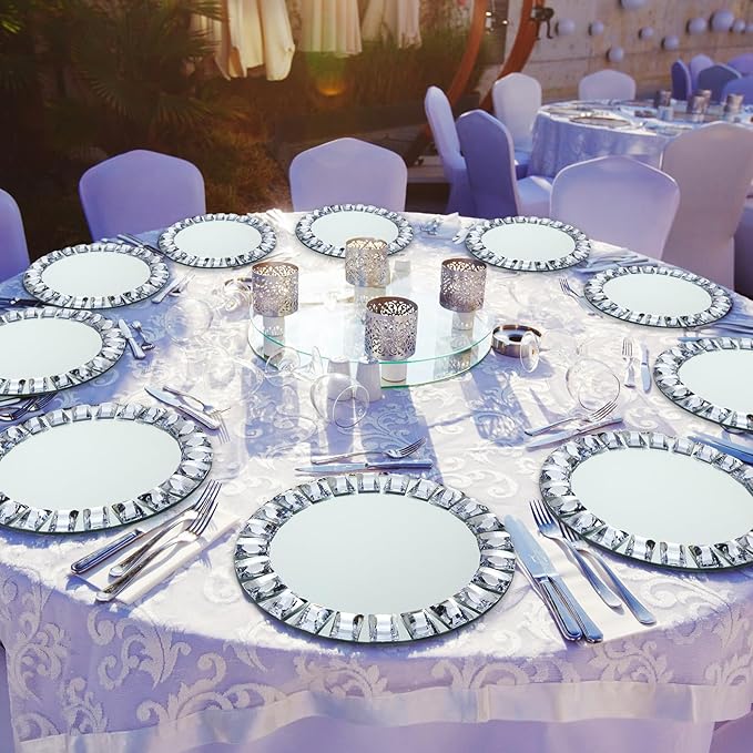 Suclain 12 Pcs Mirrored Glass Charger Plates 13 Inch Silver Mirror Plates Round Chargers for Dinner with Diamond Rim Settings for Wedding Birthday Party Events (Square Diamond Rim)